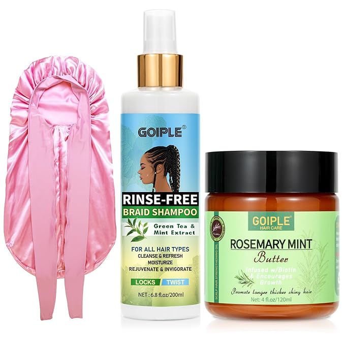 No-Water Braid Shampoo for Locs, Twists, Weaves - Rinse-Free Dreadlock Shampoo for Build-Up, Odor, Itch- Rosemary Mint Butter Braid Balm Scalp Sleeping Balm for Dry Scalp Strengthens Hair Roots&Bonnet