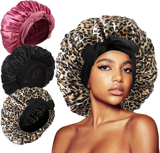 3Pcs Bonnets for Sleeping, Extra Satin Silk Bonnet for Sleeping Women with Tie Band for Curly Hair Jumbo Bonnet Braids