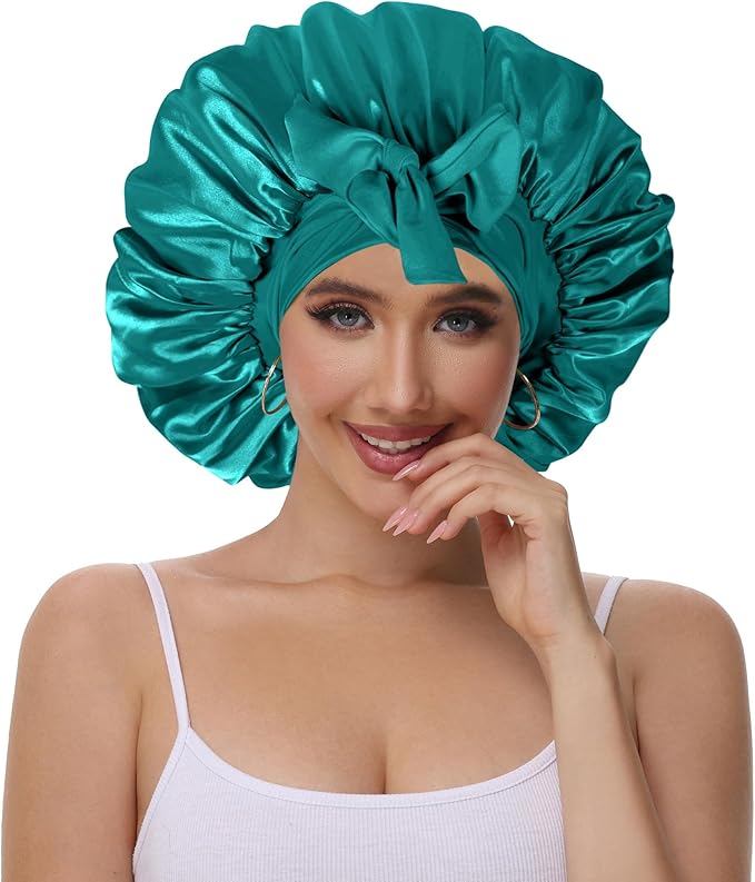 Double Layer Silk Bonnet with Tie Satin Lined Sleep Cap Hair Cover for Women's Curly Natural Hair