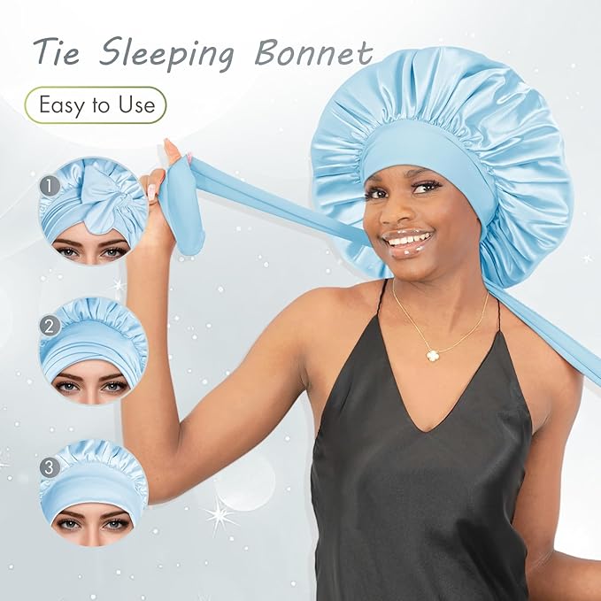 BONNET QUEEN Silk Bonnet for Sleeping Women Big Satin Bonnet Night Sleep Cap Wrap for Curly Hair with Adjustable Tie Band, Single Layer, Large, Light Blue