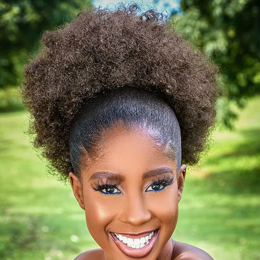 Afro Puff Drawstring Ponytail with Bangs ponytail extension for black women Short Curly Clip in Wrap Updo Hairpiece(4#) (No bangs, 4#)