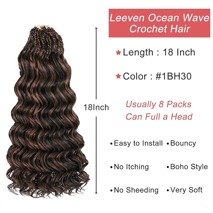 Leeven Pre Looped Ocean Wave Crochet Hair 18 Inch 8 Packs Long Curly Crochet Braids Black Mix Brown Boho Ocean Braids Pre Twisted Synthetic Deep Wavy Crochet Hair for Women