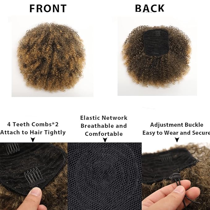 Afro Puff kinky curly Drawstring Ponytail Extension for Black Women Synthetic Short Afro Kinkys Curly Afro Bun Extension Hairpieces Updo Hair Extensions with Two Clips(T27#)