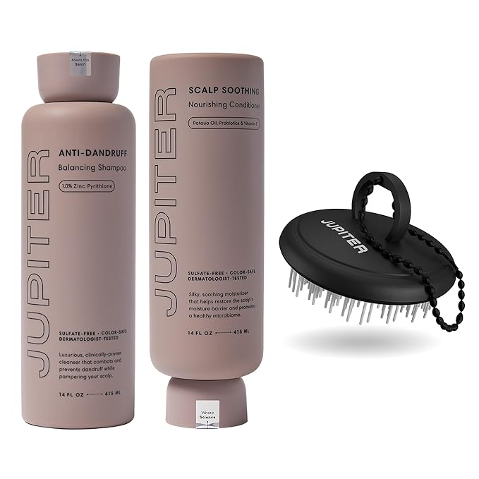 Jupiter Anti Dandruff Shampoo, Conditioner, & Scalp Scrubber for Flaky, Itchy & Dry Scalp - Hydrates & Reduces Flakes - Scalp Treatment & Hair Care Set - Color-Safe, Sulfate-Free, Paraben-Free