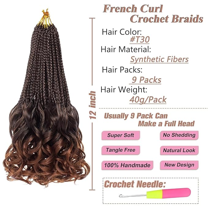 12 Inch French Curl Crochet Braids 9 Packs Goddess Box Braids Ombre Brown Pre Looped Crochet Hair with Bouncy Curly Ends Synthetic French Curly Braiding Hair for Women Girls