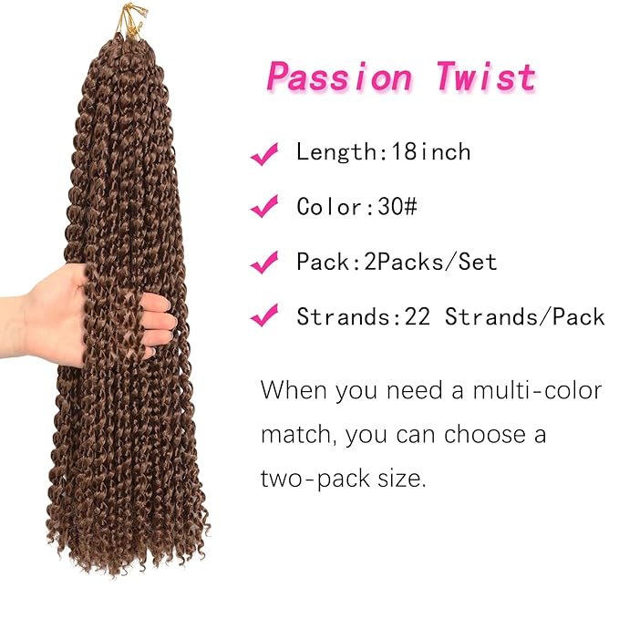 18 Inch Passion Twist Hair, Brown Water Wave Crochet Hair for Women Passion Twist Crochet Hair Long Bohemian Synthetic Curly Braiding Hair Passion Twists Braiding Hair (18 Inch (Pack of 2), #30)