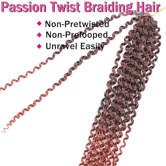Copper Passion Twist Hair 14 Inch 7 Packs Water Wave Crochet Hair T350# Wrap Braiding Hair For Passion Twist Crochet Hair/Butterfly Locs/Spring Twist Crochet Braids Boho Hair Extension (14 Inch,T350#)