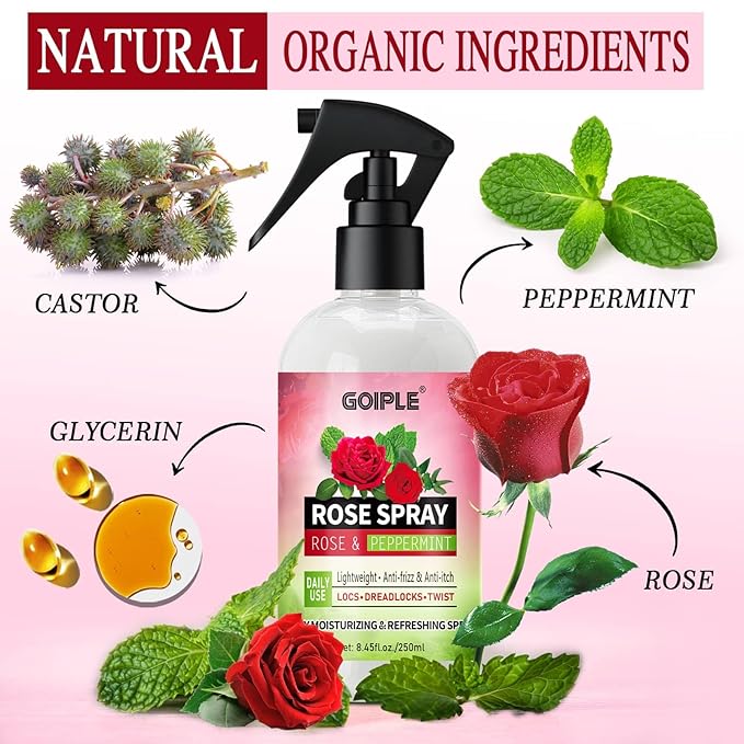 Rose Water for Hair Moisturizing Refreshing Spray for Locs - Rose Water and Peppermint Hair Scalp Moisturizer Hydrating Dreadlock Spray to Nourish Prevents Dry Natural Loc Care and Maintenance 250ML