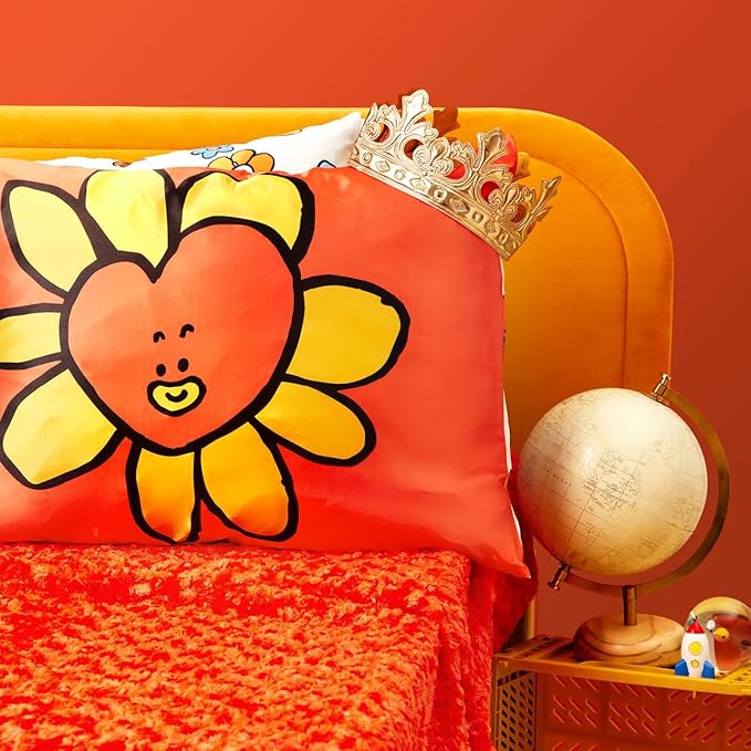 Kitsch x BT21 Satin Pillowcase with Zipper – Better Than Silk Pillowcase, Tata Character & Funky Floral Print – Soft Cooling Toddler Bed Time Pillow Case for Hair & Skin – King Size 19x36