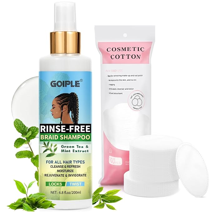 Rinse-Free Shampoo for Braid No Water Shampoo for Locs, Twists, Weaves, Dreadlock, Dry Spray for BuildUp, Odor, Itch& Flakes, No Residue Chemical Free- Cotton Pads Rounds for Briads, Scalp, Face Clean