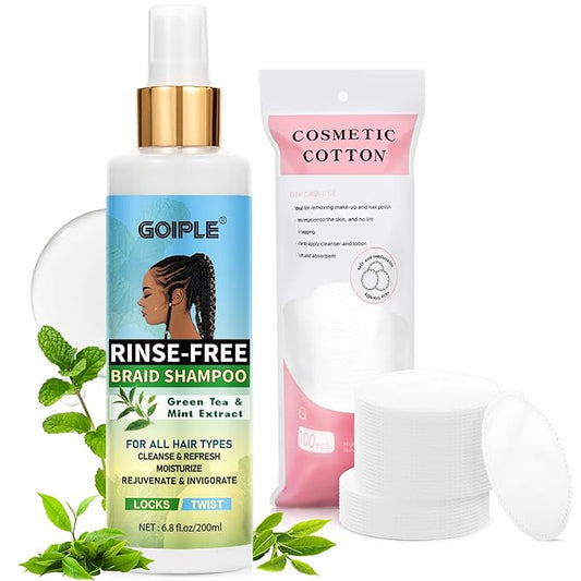 Rinse-Free Shampoo for Braid No Water Shampoo for Locs, Twists, Weaves, Dreadlock, Dry Spray for BuildUp, Odor, Itch& Flakes, No Residue Chemical Free- Cotton Pads Rounds for Briads, Scalp, Face Clean