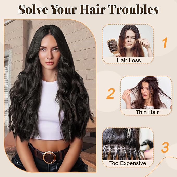 ALXNAN Clip in Long Wavy Synthetic Hair Extension 20 Inch Black Brown 4PCS Thick Hairpieces Fiber Double Weft Hair for Women