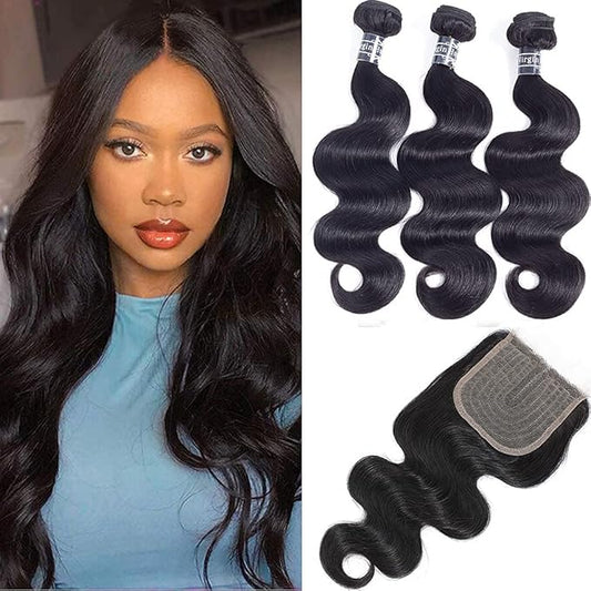 Amella Hair Brazilian Body Wave Hair 3 Bundles with T part lace Closure Middle Part,Brazilian Virgin Hair 4x0.75 inch Lace Closure Human Hair Natural Black Color (14 16 18+12inch Closure)