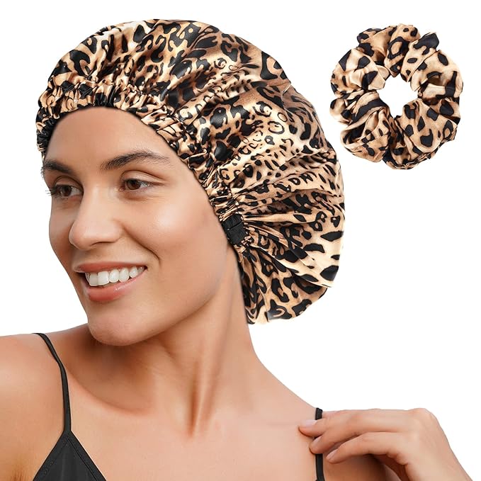 YANIBEST Adjustable Satin Bonnet Double Layer Hair Bonnet for Sleeping Bonnets for Women Hats Curly Natural Hair, Bold Cheetah