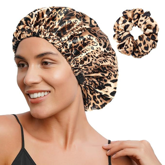 YANIBEST Adjustable Satin Bonnet Double Layer Hair Bonnet for Sleeping Bonnets for Women Hats Curly Natural Hair, Bold Cheetah