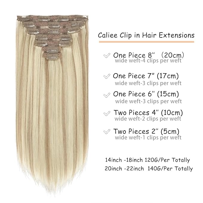 Caliee Clip in Hair Extensions Human Hair for Women Double Weft Lace Golden Brown Mixed Bleach Blonde Color Real Hair Clip in Hair Extensions 7 Pieces 14 Inch 120G