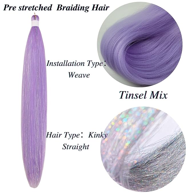 Tinsel Braiding Hair Pre stretched Lavender Purple Braiding Hair for Glitter Braids Festival Braids Cosplay