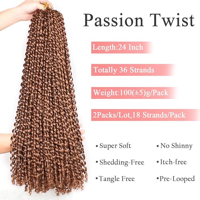 Leeven 2 Packs 24 Inch Passion Twist Hair Long Bohemian Water Wave Crochet Hair for Butterfly Locs Braiding Hair Brown Curly Synthetic Passion Twists Hair Goddess Locs Hair Extensions 30#