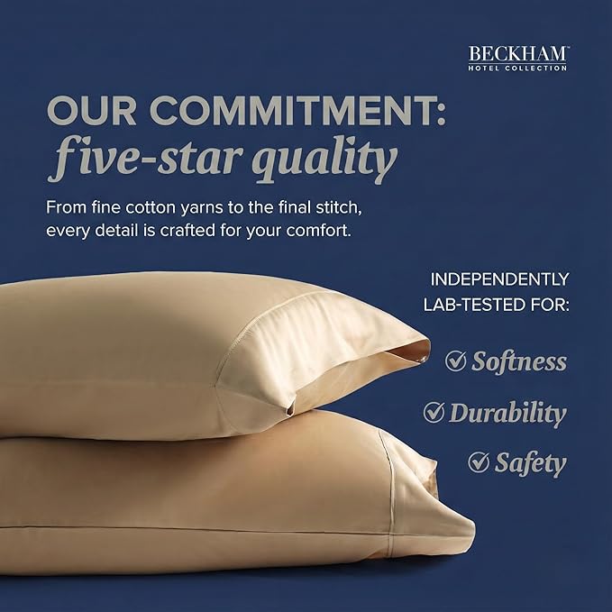 Beckham Hotel Collection 100% Cotton Pillow Cases Standard/Queen Size Set of 2, 500TC, Luxury Sateen Pillowcases, Open End, Breathable, Moisture-Wicking, Sand