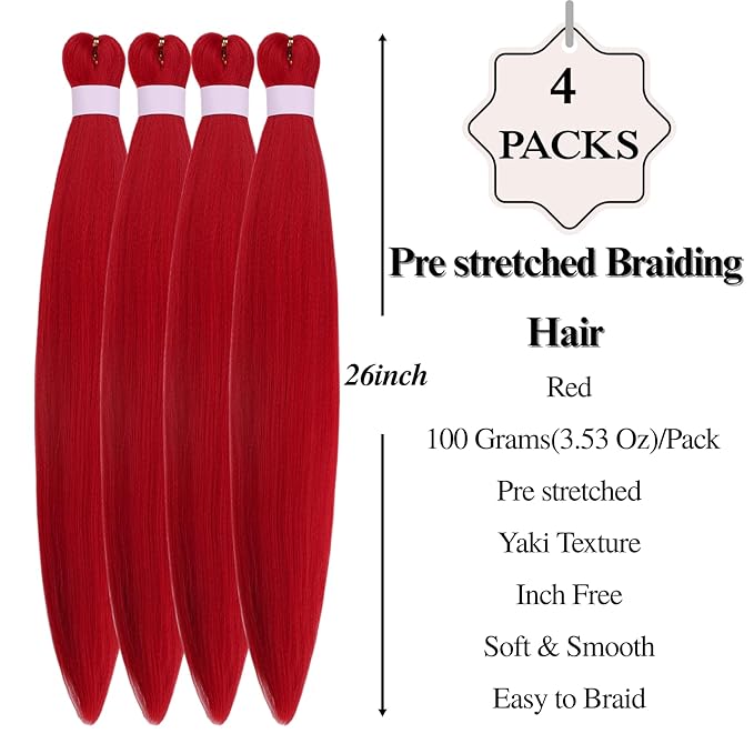 Red Pre Stretched Braiding Hair for Boho Braids Curly Hypoallergenic Braiding Hair Hot Water Setting Yaki for Bohemian Braids