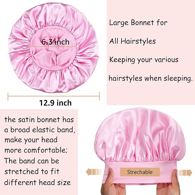 3 Pack Satin Bonnet Silk Hair Bonnet for Sleeping, Sleep Bonnets for Women Large Wide Soft Band Sleep Cap for Curly Hair Braids