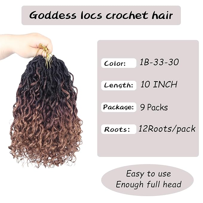 Goddess Locs Crochet Hair 10 Inch 9 Packs Synthetic Faux Locs Crochet Hair for Black Women, River Locs Hair Extensions Style Pre looped Crochet with Curly Ends