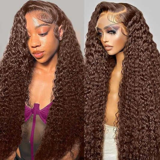32 Inch Chocolate Brown Lace Front Wig Human Hair 200 Density 13x6 HD Deep Wave Lace Front Wigs Human Hair Colored Deep Curly Lace Frontal Wigs Glueless Wig Brown Wig Wigs for Women