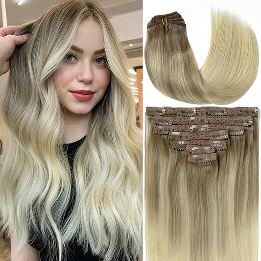 Caliee Clip in Hair Extensions Real Human Hair 22 Inch 140G B8/60A Light Brown Fading to Platinum Blonde Ombre Clip in Hair Extensions Human Hair Double Weft with 16 Clips for Full Head