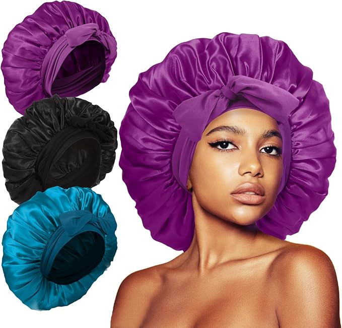 3Pcs Bonnets for Sleeping, Extra Satin Silk Bonnet for Sleeping Women with Tie Band for Curly Hair Jumbo Bonnet Braids