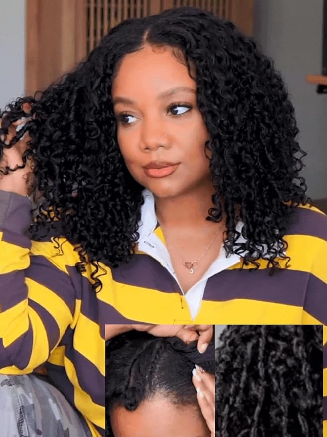Julia Hair V Part Wig Human Hair Curly Wig with Finger Coil Ends Glueless V Shape Wig Afro Curly Wigs with Drawstring Upgrade U Part No Leave Out Half Wig For Women Natural Scalp 16 Inch