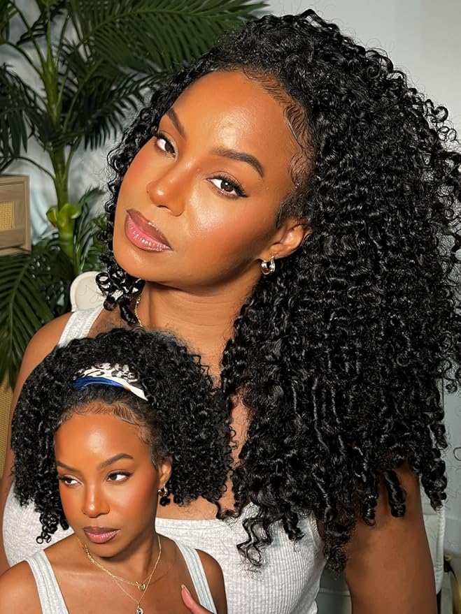 Julia Hair Afro Kinky Curly Half Wigs Human Hair 4C Blend Edges Hairline with Drawstring 3 In 1 Flip Over Clip in Glueless Beginner Friendly Headband Curly 3/4 Half Wig for Women 16 Inch