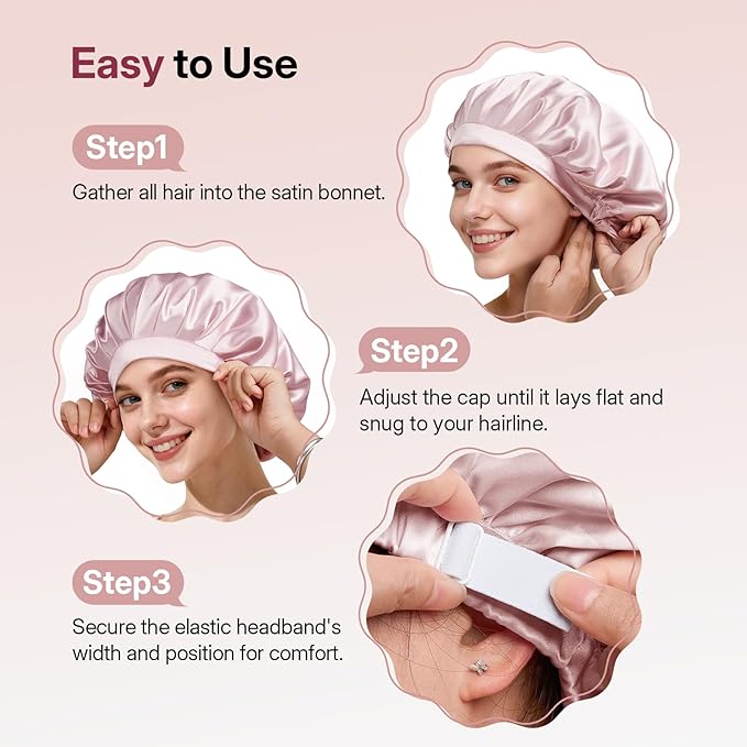LitBear Silk Satin Bonnet for Sleeping Women, Adjustable Double Layer Hair Bonnet with Scrunchies for Curly Natural Hair, Non Slip Softer Night Sleep Cap Pink