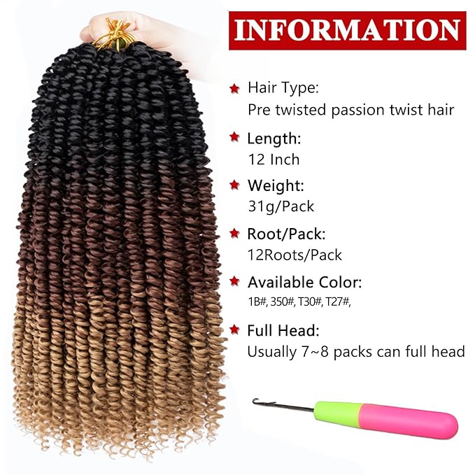Xtrend 8 Packs Pre-twisted Passion Twist Crochet Hair 12 Inch Natural Pre-looped Crochet Braids Hair For Women Bohemian Synthetic Passion Braiding Hair Extension (8packs, 1B3027#)