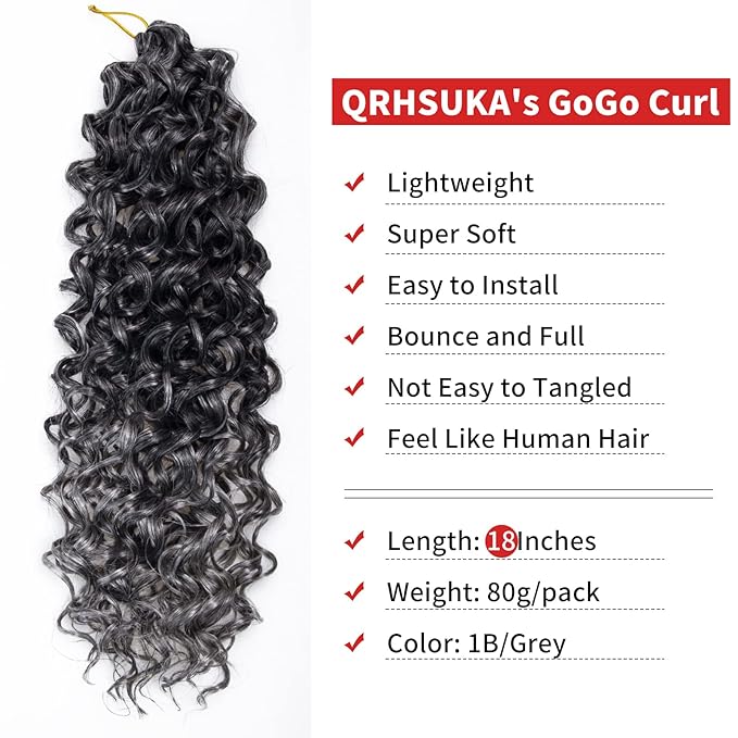 6 Packs Curly Crochet Hair for Women 18 Inch GoGo Curl Crochet Hair Water Wave Synthetic Hair Extensions (18 inch(Pack of 6), T1B/Grey)