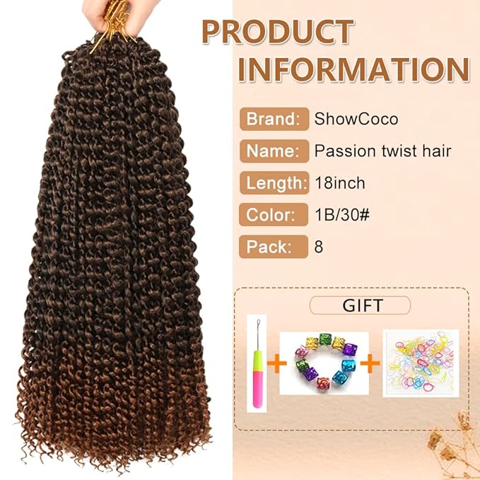 8 Packs Passion Twist Hair 18 Inch Passion Twist Crochet Hair For Black Women Water Wave Crochet Braiding Hair Extensions (18 Inch, 1B/30)