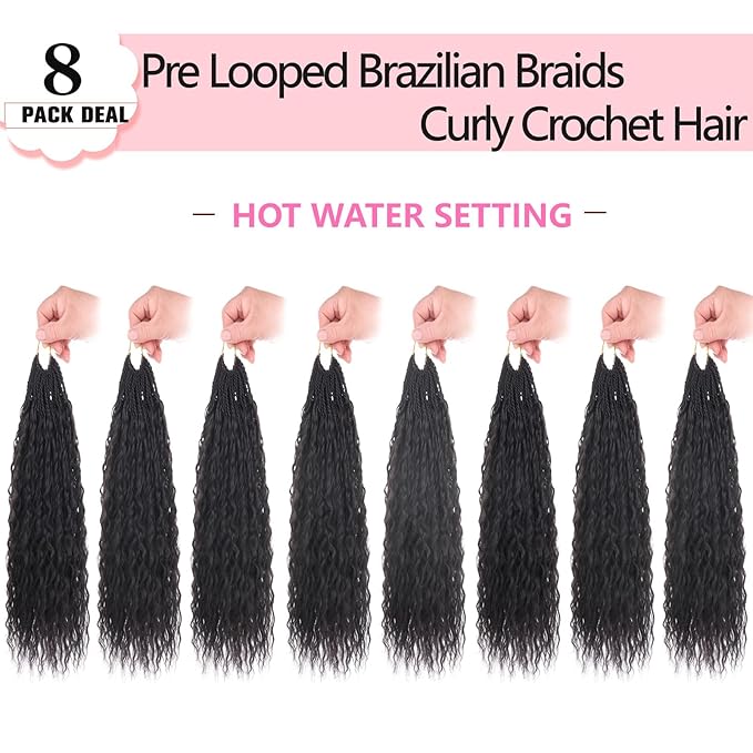Xtrend Pre Looped Brazilian Afro Kinky Crochet Hair Black Braiding Hair 10Inch 8 Packs Micro Curly Braiding Hair Extensions Deep Wave Synthetic Mini Passion Twist Hair For Boho (30Strands/Pack，1B#)