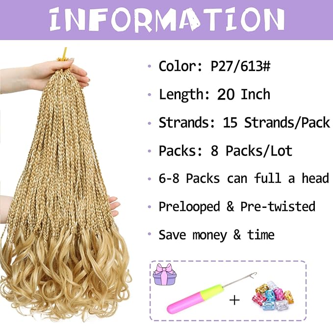 French Curl Crochet Braids 20 Inch 8 Packs Goddess Box Braids Crochet Hair Pre Looped Crochet Box Braid with Curly Ends Synthetic French Curly Braiding Hair Extensions P27/613