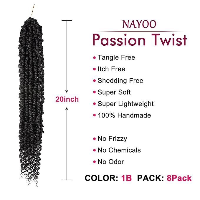 Passion Twist Hair - 8 Packs 20 Inch Passion Twist Crochet Hair For Women, Crochet Pretwisted Curly Hair Passion Twists Synthetic Braiding Hair Extensions (20 Inch 8 Packs, 1B)