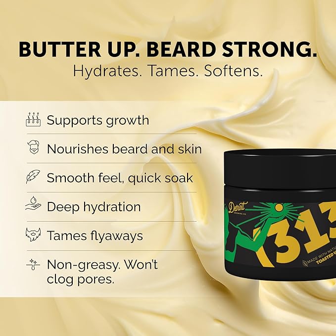 Detroit Grooming Co. Beard Butter for Men | Softens, Thickens & Hydrates with Safflower Oil & Shea Butter | 313 Scent, 2oz