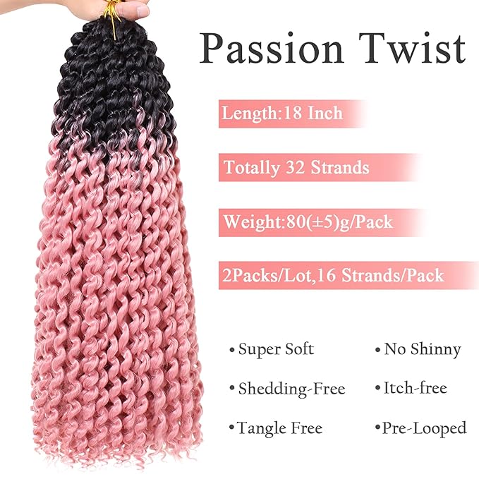 Leeven 18 Inch Water Wave Crochet Hair 2 Packs Curly Passion Twist Hair Ombre Pink Synthetic Bohemian Braiding Hair for Boho Locs Butterfly locs Crochet Braids Hair Extensions 22#