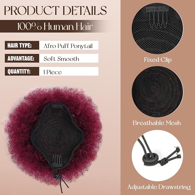 Human Hair Ponytail #99J Burgundy 4 Inch Brazilian Virgin Human Hair Durable Natural Soft and Smooth Natural Ponytails for Black Women