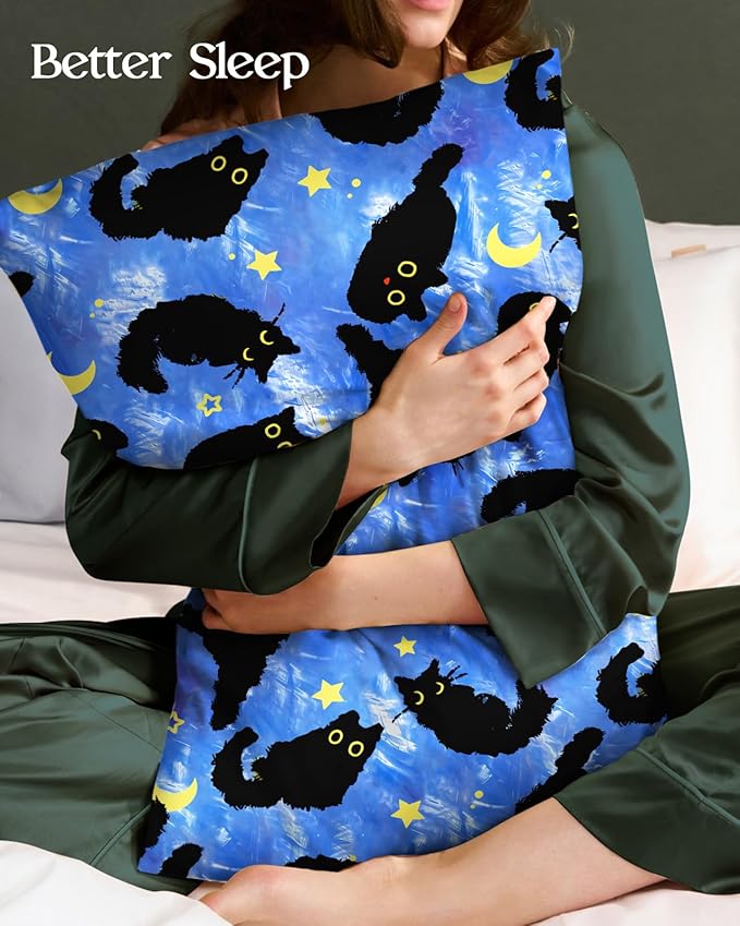 Silk Pillowcase 2 Pack - Pillow Cases 20" x 36" King Size Set of 2 for Hair and Skin Smooth Soft Breathable with Hidden Zipper Cooling Pillow Covers for Sleeping, Blue Moon Cat