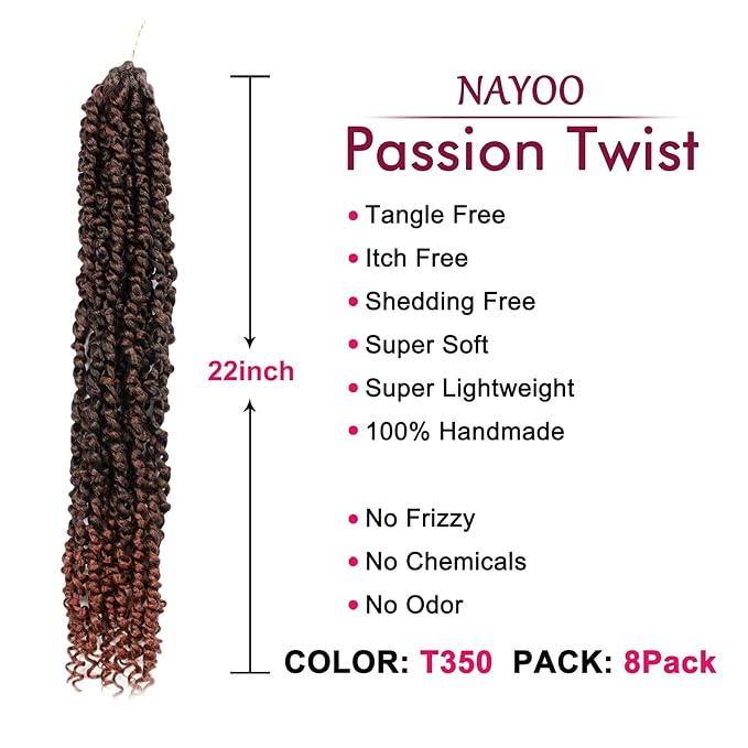 Passion Twist Hair - 8 Packs 22 Inch Passion Twist Crochet Hair For Women, Crochet Pretwisted Curly Hair Passion Twists Synthetic Braiding Hair Extensions (22 Inch 8 Packs, T350)