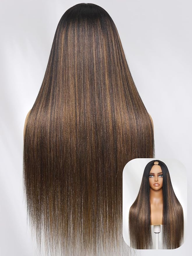 Julia Hair V Part Glueless Wig Human Hair Yaki Straight Highlight Balayage Ombre Brown Upgrade U Part Human Hair Drawstring Clip in Half Wigs No Glue No Lace Ready to Go Beginner Friendly 26 Inch