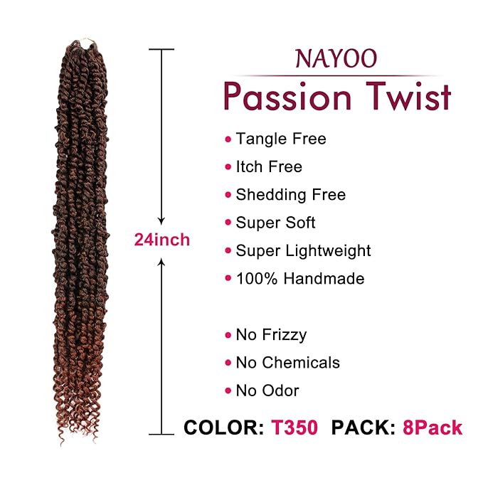 Passion Twist Hair - 8 Packs 24 Inch Passion Twist Crochet Hair For Women, Crochet Pretwisted Curly Hair Passion Twists Synthetic Braiding Hair Extensions (24 Inch 8 Packs, T350)