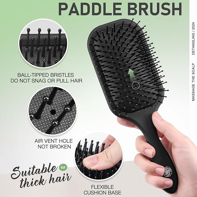 4Pcs Paddle Hair Brush Set, Detangler Brush and comb-Detangling Hairbrush for Wet Dry Long Thick Thin Curly Natural Hair(Black)