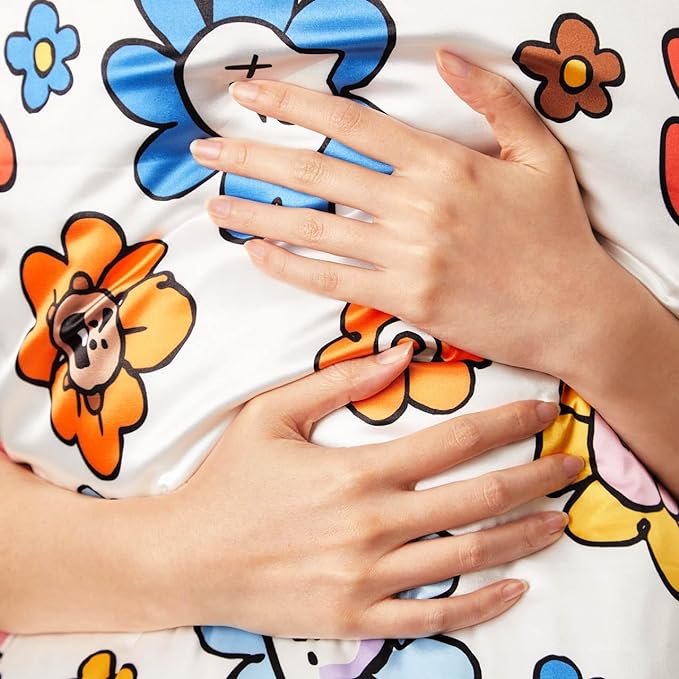 Kitsch x BT21 Satin Pillowcase with Zipper – Better Than Silk Pillowcase, RJ Character & Funky Floral Print – Soft Cooling Toddler Bed Time Pillow Case for Hair & Skin – King Size 19x36