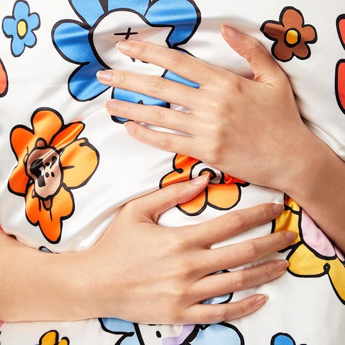 Kitsch x BT21 Satin Pillowcase with Zipper – Better Than Silk Pillowcase, Mang Character & Funky Floral Print – Soft Cooling Toddler Bed Time Pillow Case for Hair & Skin – King Size 19x36