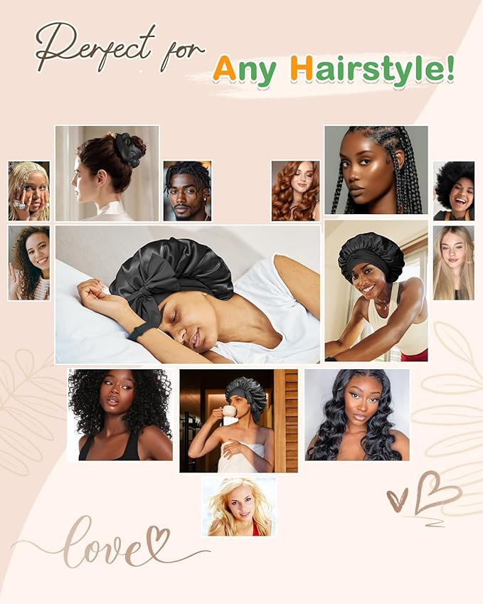 BONNET QUEEN Silk Bonnet for Sleeping Women HYALURONIC Acid Double Layer Satin Lined Bonnet Night Sleep Cap Wrap for Curly Hair with Adjustable Tie Band & Scrunchie, Black