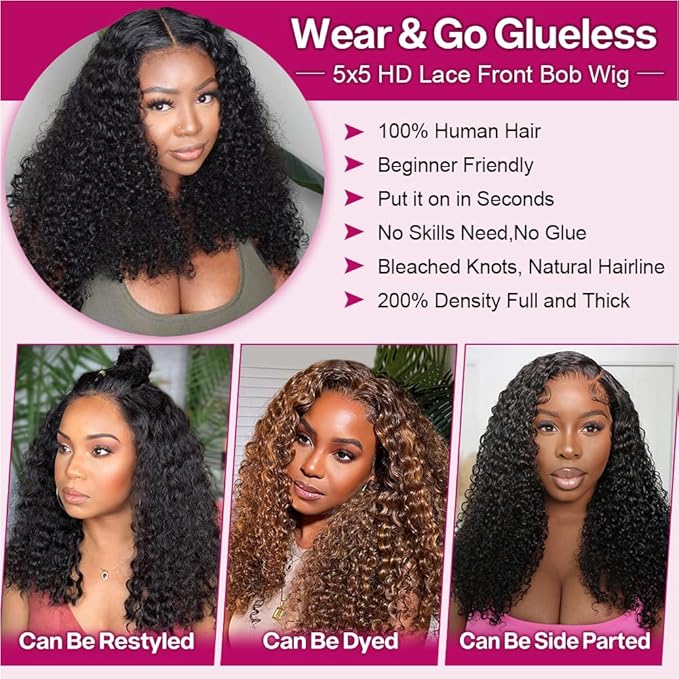 Curly Bob Wig Human Hair Deep Wave 200% Density 5x5 HD Lace Closure Wigs Human Hair Bob Wigs For Black Women Wear And Go Glueless Curly Wig Black Color 18 Inch